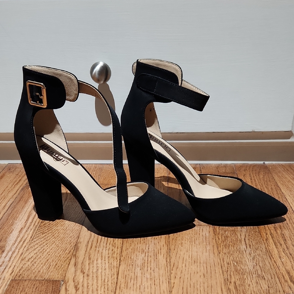 High Block Heels Pumps Pointed Closed Toe Ankle Strap Black 7.5